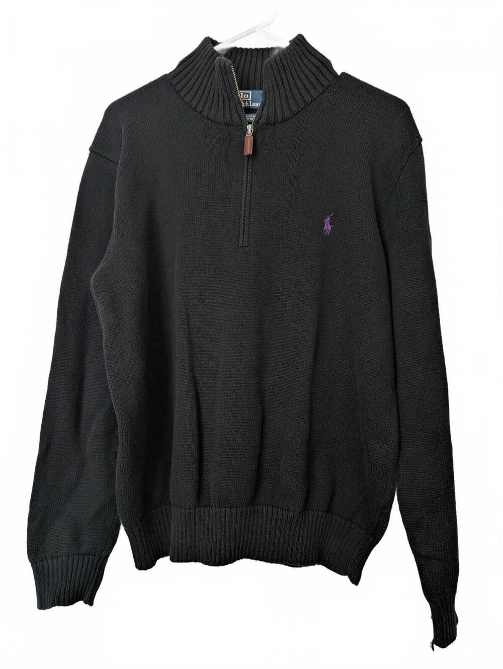 Polo Ralph Lauren Men's L Black Half-Zip Cotton Sweater with Purple Polo Leather